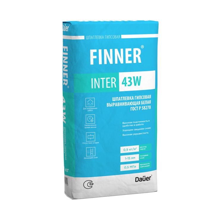 FINNER® INTER 43 W Шпатлевка гипсовая выравнивающая белая ГОСТ Р 58278-2018